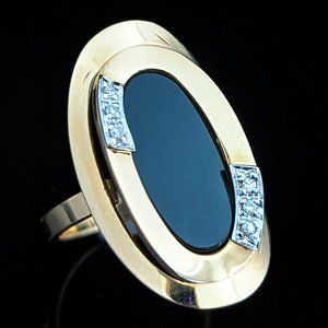 1970s Onyx Diamonds 14k Yellow Gold Cocktail Ring Modernistic Vintage Estate